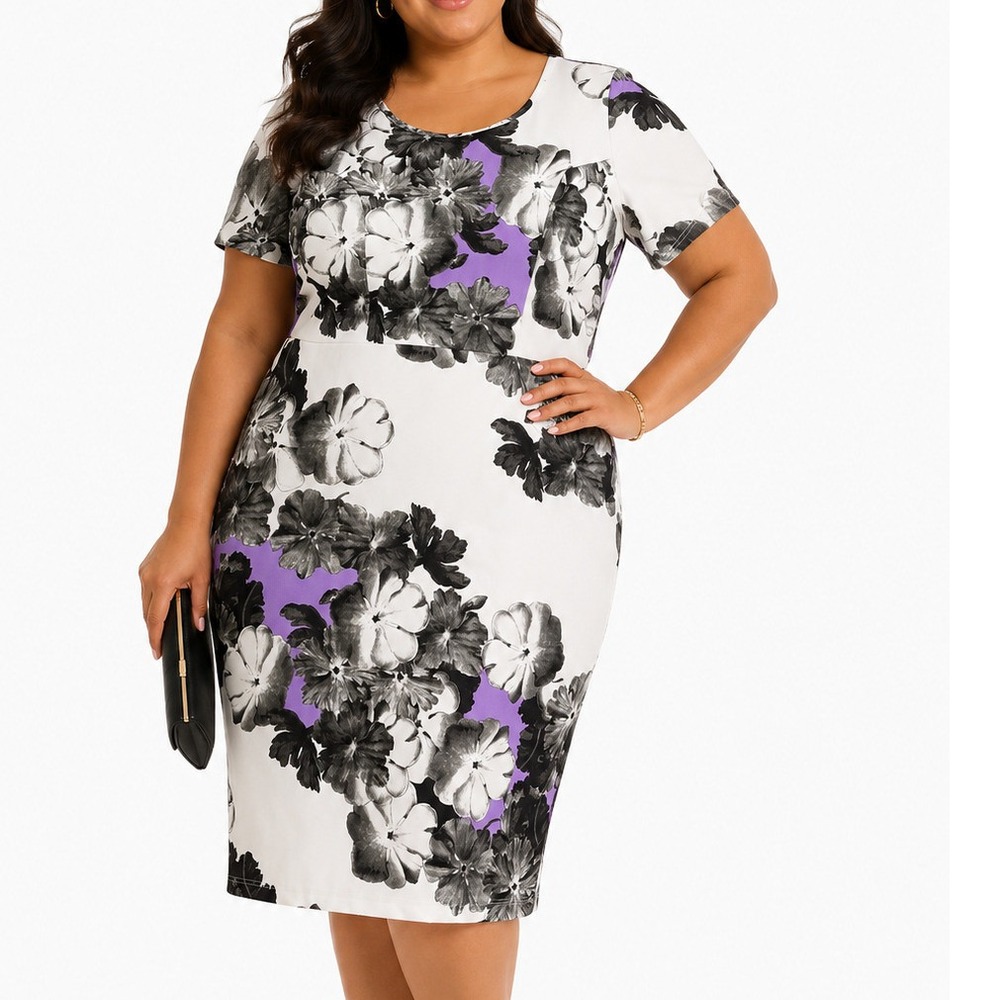 Eloquii Floral Sheath Dress Womens 16 Purple Black White Career Midi